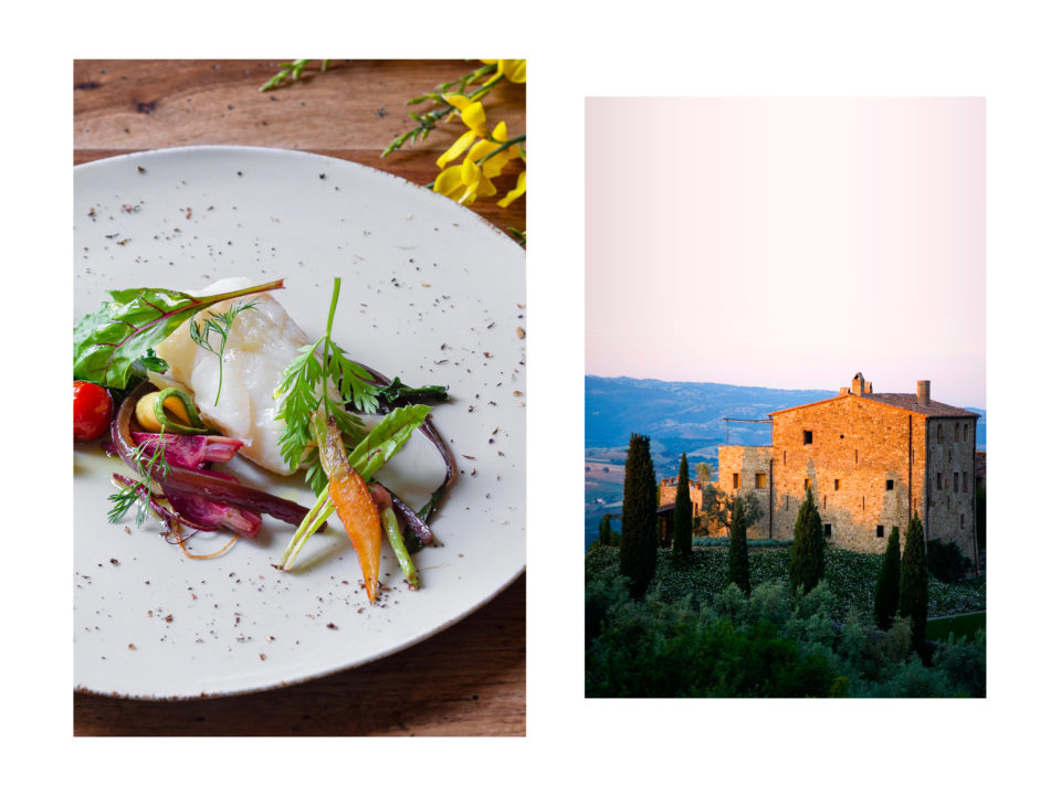 Cuisine and image of building exterior at Castello di Vicarello | Mr & Mrs Smith